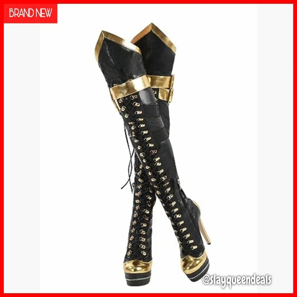 Platform Over The Knee Boots with Gold Strap Lace Up Round Toe